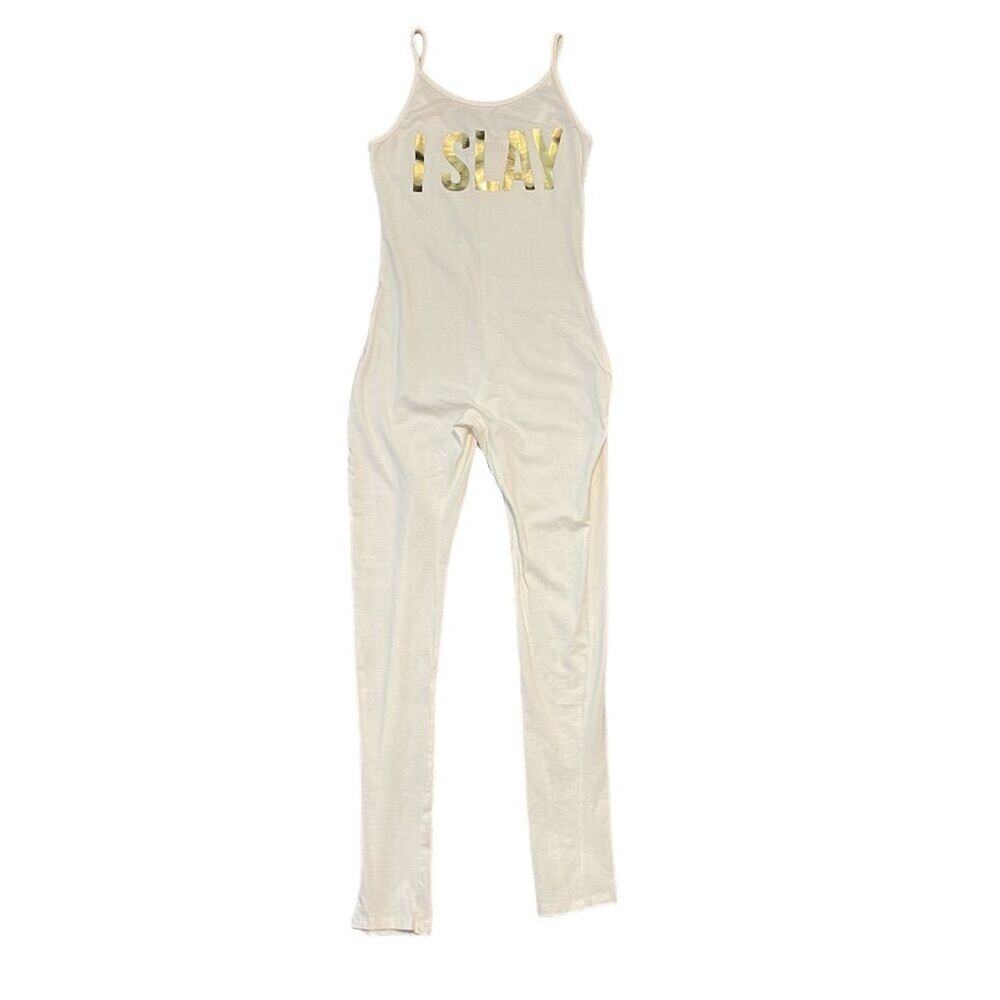 Touch Me White Sleeveless Jumpsuit with Gold 'I SLAY' Print Scoop Neck Size S